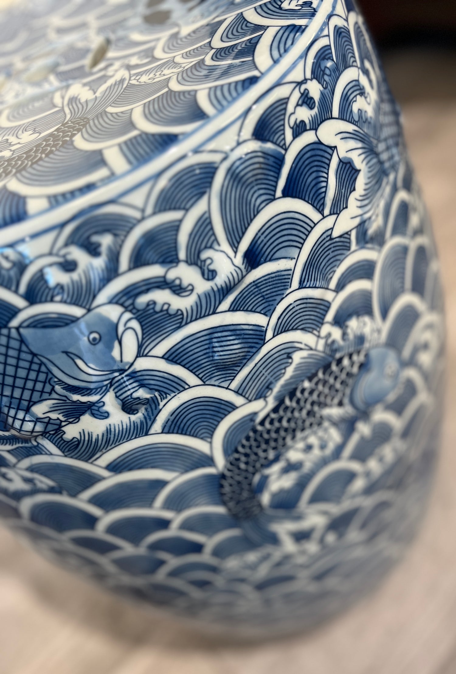 Garden Stool i blå med hvit mønster