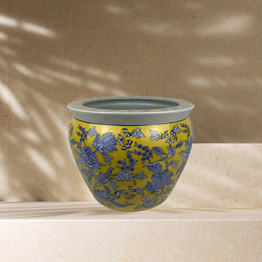 Gul/blå blomsterpotte