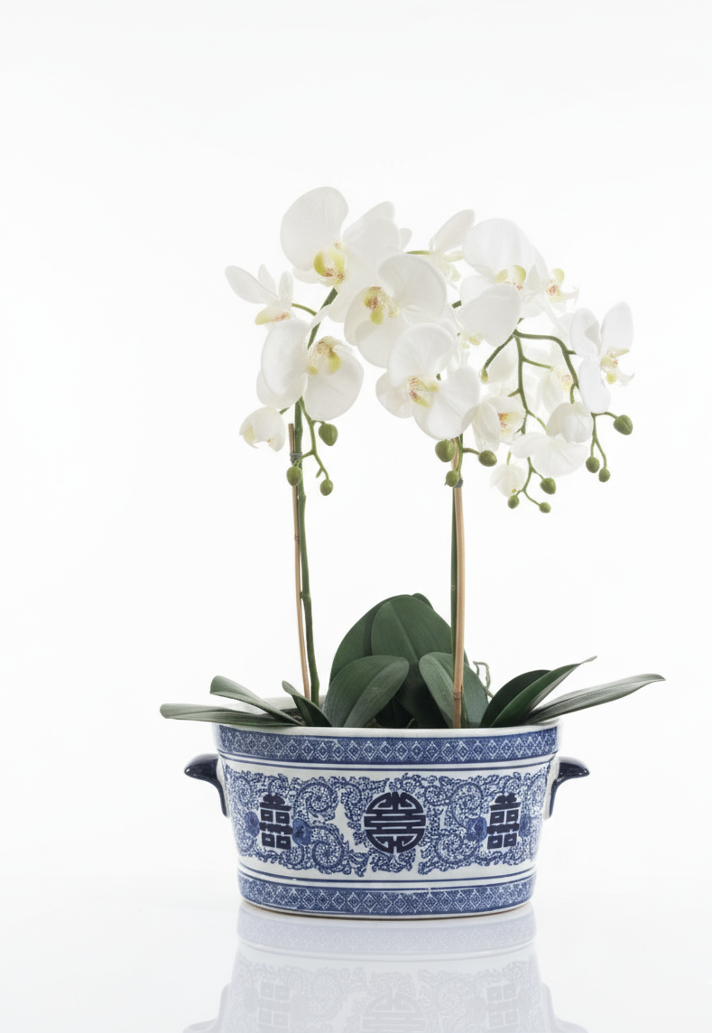 Hvit og blå jardinière blomsterpotte