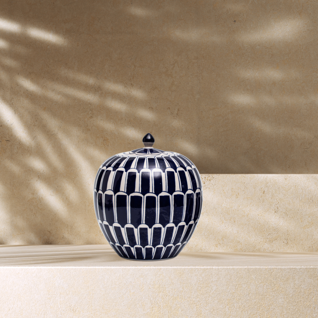 Tea Jar med geometrisk mørk blå mønster