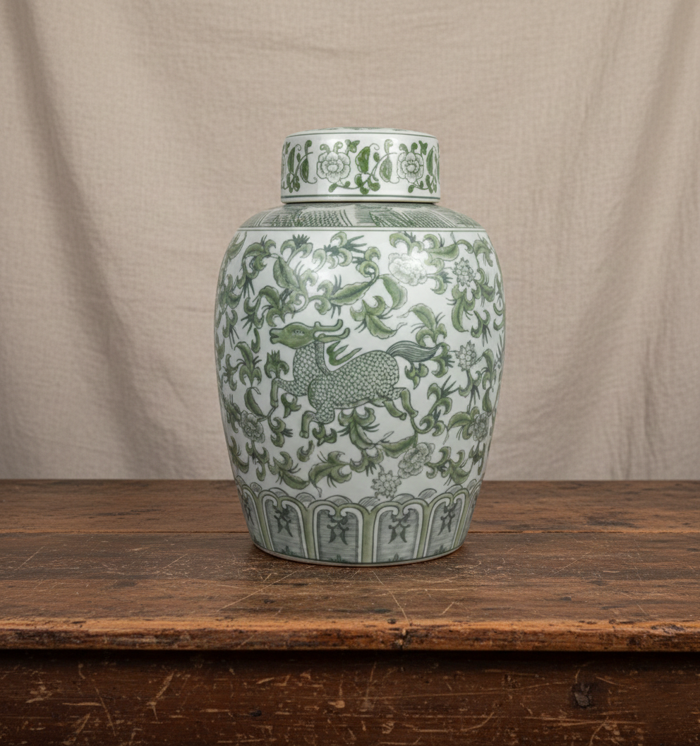 Grønn og hvit høy krukke med lokk