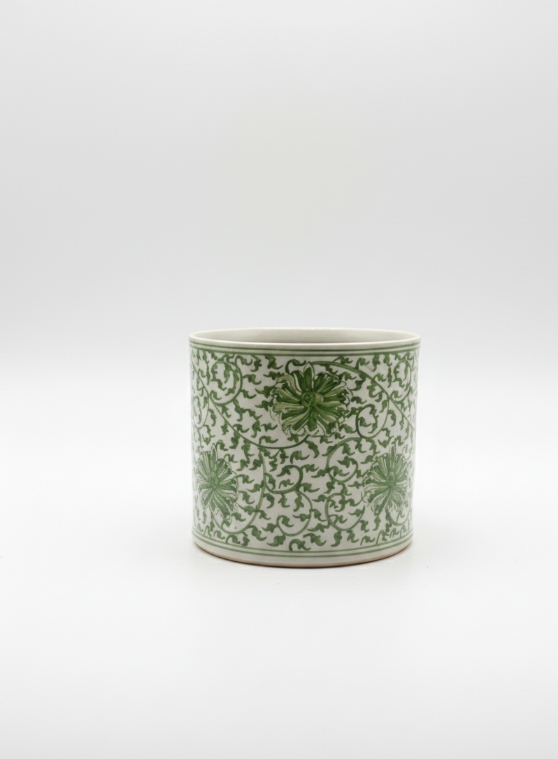 Blomsterpotte med grønt botanisk motiv