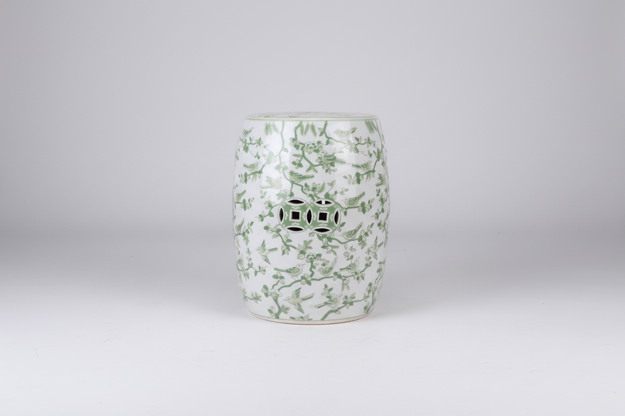 Garden Stool - Hvit og Grønn Med Små Fugler