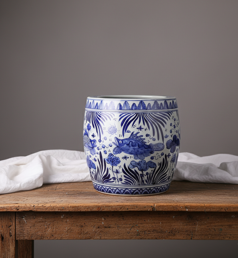 Chinoiserie blomsterpotte med fisker