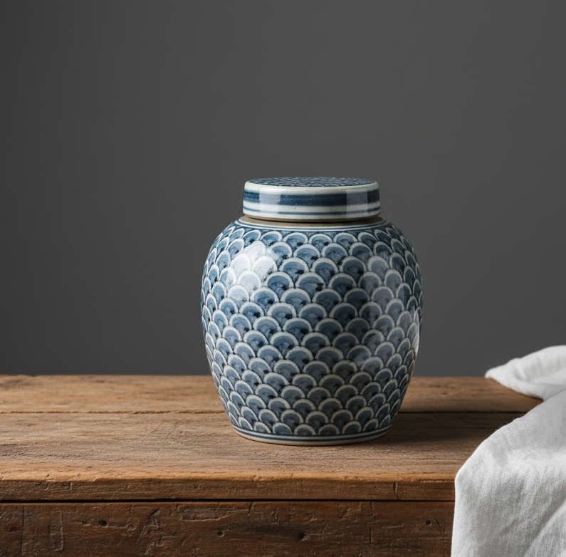 Blå Tea Jar med bølge mønster