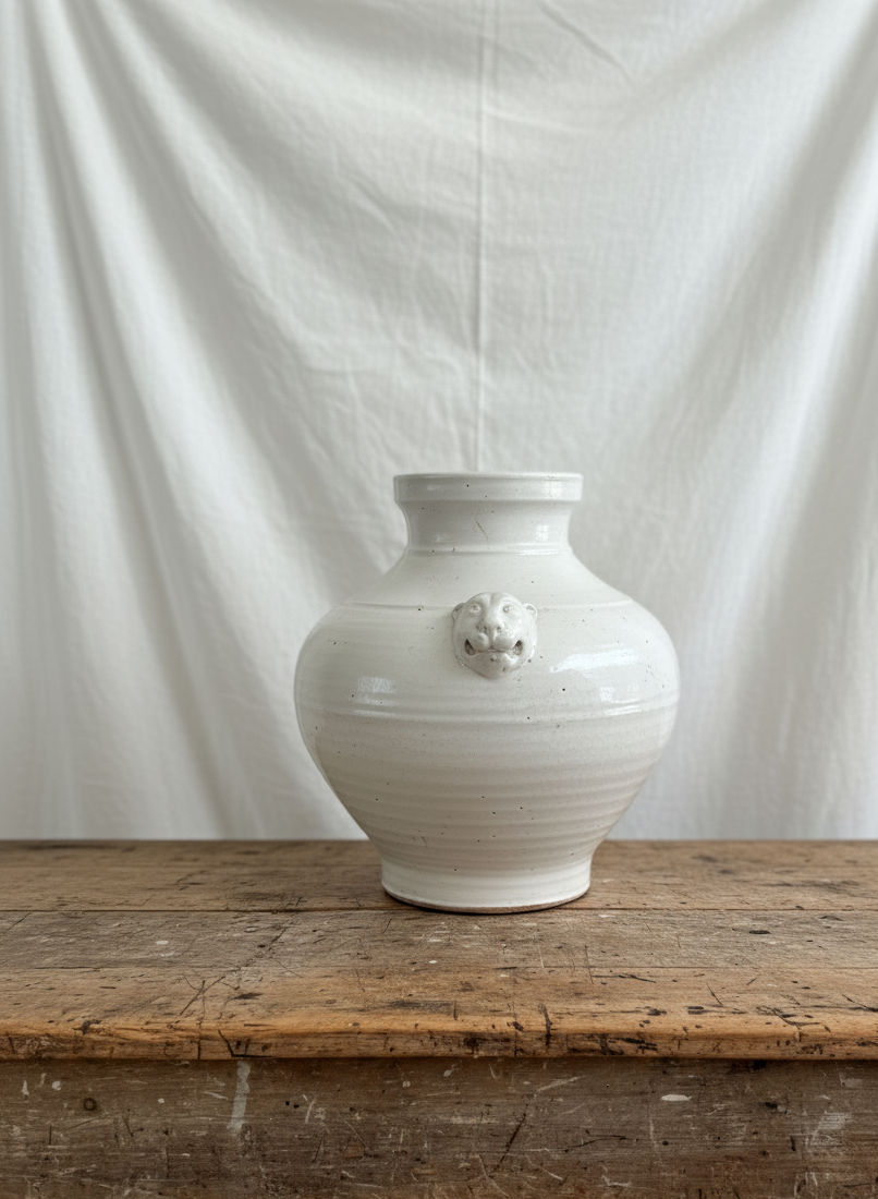 Rustikk krukke med løvehoder